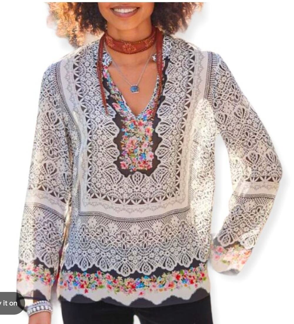 Sundance Vita Silk White Floral Long Sleeve Top New Small